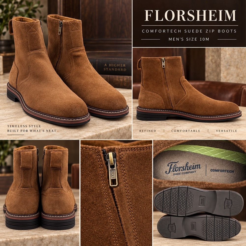 Florsheim Comfortech Mens 10M Cognac Suede Zip Ankle Boots 13393-215 Brown